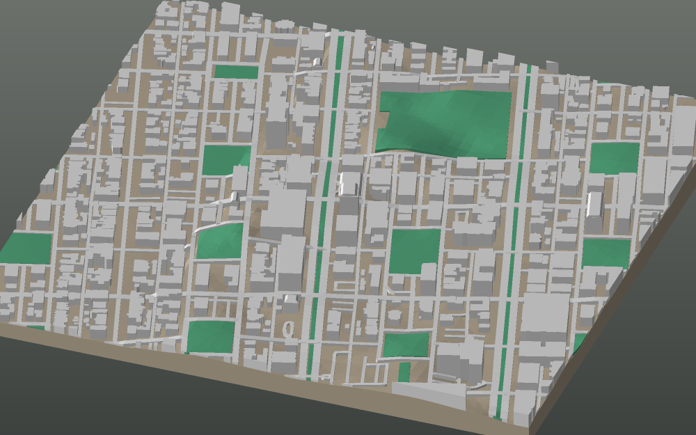 A 3D-printable model plate of Savannah — Historic District — with its buildings, streets, water and terrain.