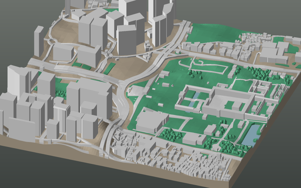 A 3D-printable model plate of Seoul — Jongno-gu, Gyeongbokgung — with its buildings, streets, water and terrain.