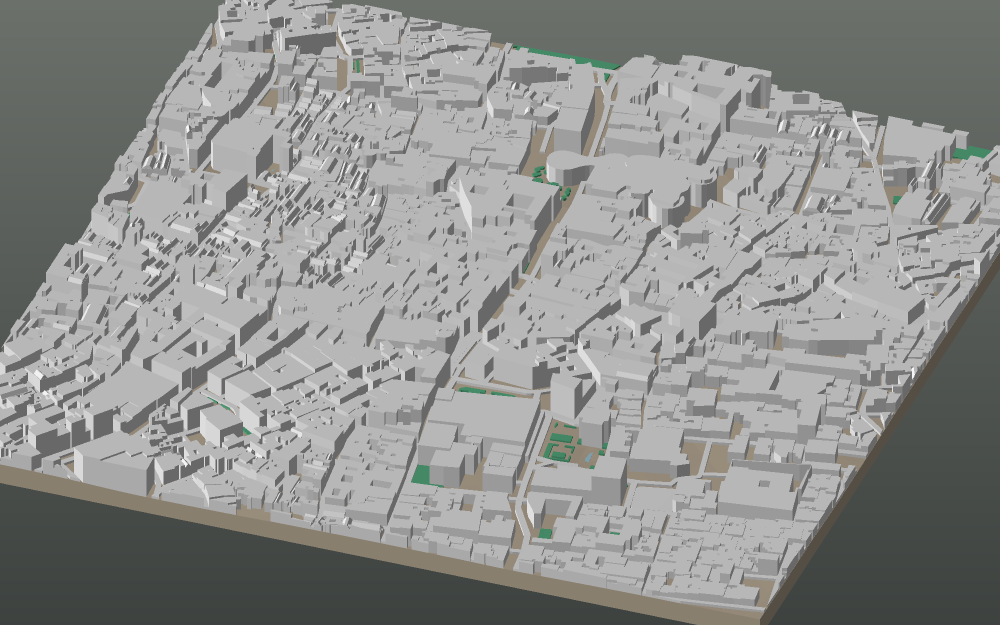 A 3D-printable model plate of Seville — Casco Antiguo — with its buildings, streets, water and terrain.