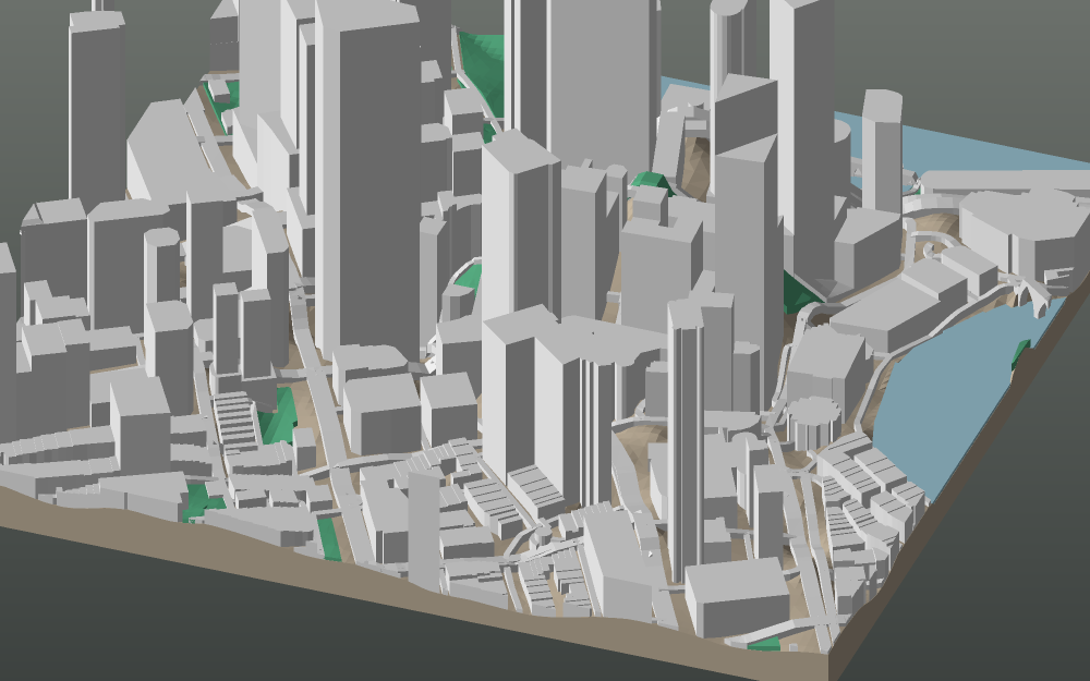 A 3D-printable model plate of Singapore — Raffles Place — with its buildings, streets, water and terrain.
