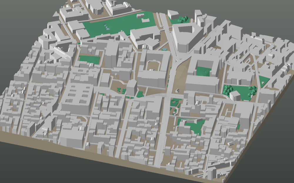 A 3D-printable model plate of Sofia — Centre — with its buildings, streets, water and terrain.