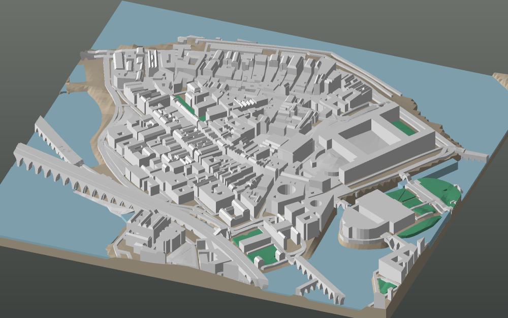 A 3D-printable model plate of Stockholm — Gamla Stan — with its buildings, streets, water and terrain.