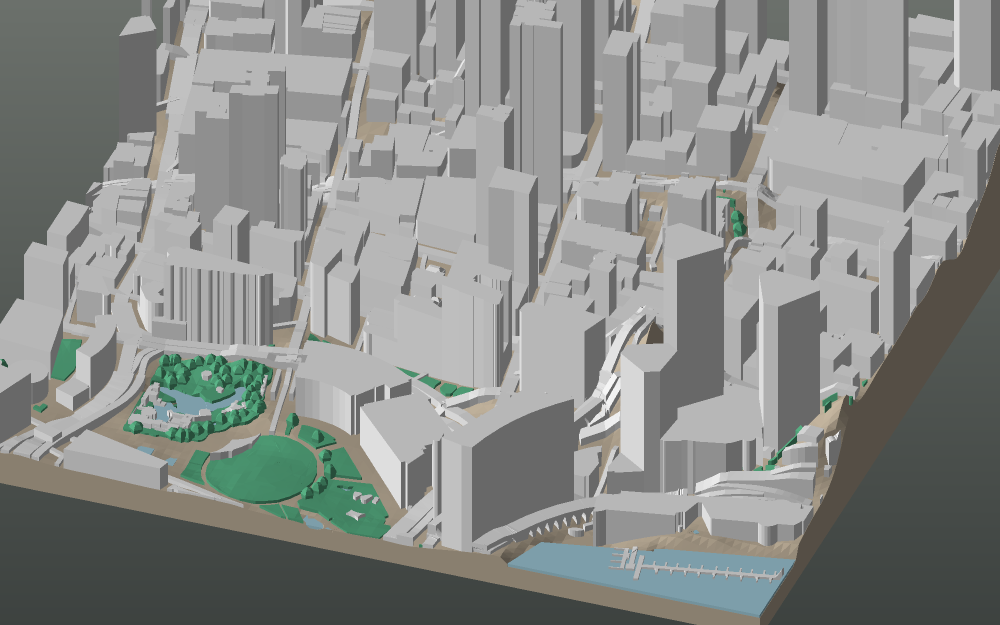 A 3D-printable model plate of Sydney — the CBD — with its buildings, streets, water and terrain.