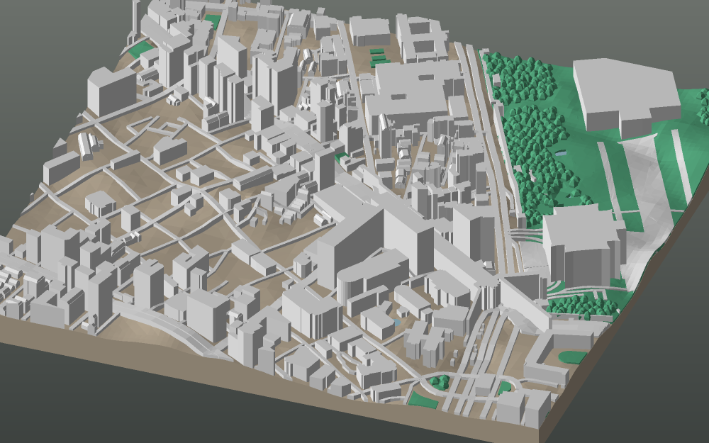 A 3D-printable model plate of Taipei — Zhongzheng — with its buildings, streets, water and terrain.