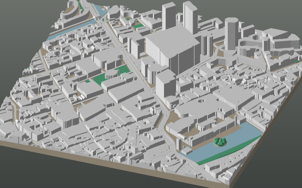 A 3D-printable model plate of The Hague — Centrum — with its buildings, streets, water and terrain.