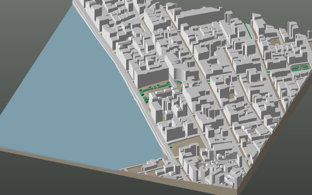 A 3D-printable model plate of Thessaloniki — Centre — with its buildings, streets, water and terrain.