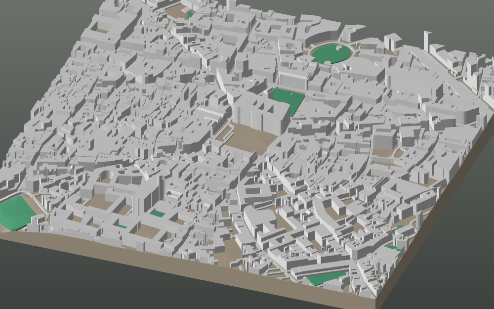 A 3D-printable model plate of Toulouse — Capitole — with its buildings, streets, water and terrain.