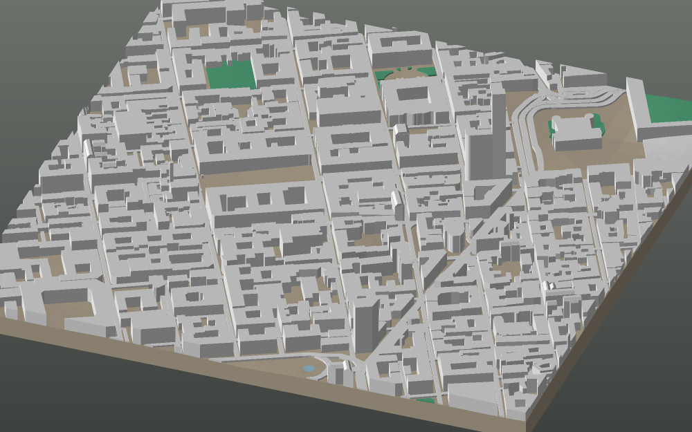 A 3D-printable model plate of Turin — Centro — with its buildings, streets, water and terrain.