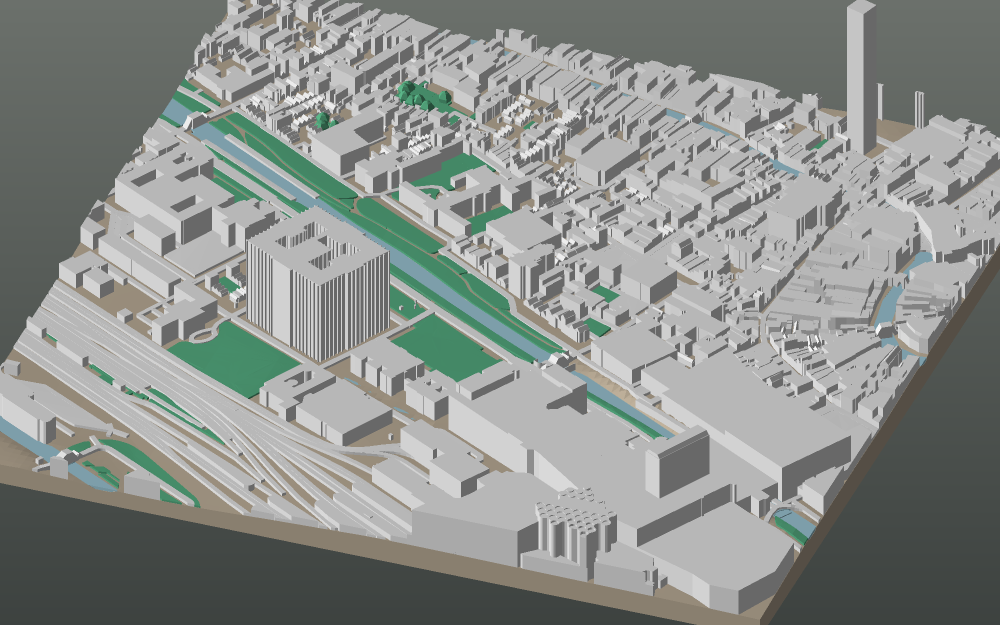 A 3D-printable model plate of Utrecht — Binnenstad — with its buildings, streets, water and terrain.