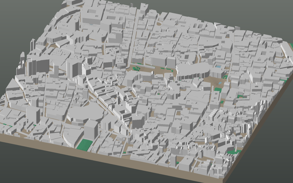A 3D-printable model plate of Valencia — Ciutat Vella — with its buildings, streets, water and terrain.