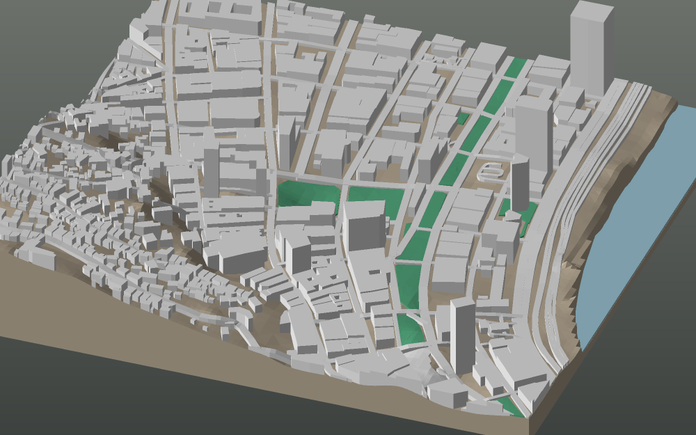 A 3D-printable model plate of Valparaíso — El Puerto — with its buildings, streets, water and terrain.