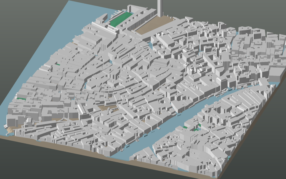 A 3D-printable model plate of Venice — San Marco — with its buildings, streets, water and terrain.