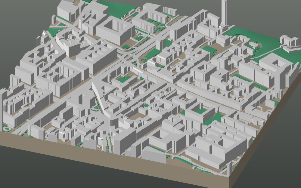 A 3D-printable model plate of Warsaw — Śródmieście — with its buildings, streets, water and terrain.