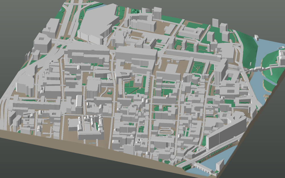 A 3D-printable model plate of Wrocław — Stare Miasto — with its buildings, streets, water and terrain.