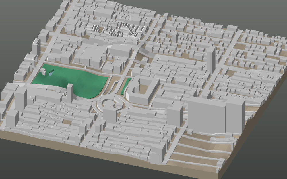 A 3D-printable model plate of Yangon — Downtown — with its buildings, streets, water and terrain.