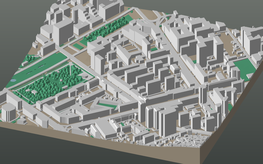 A 3D-printable model plate of Yerevan — Kentron — with its buildings, streets, water and terrain.