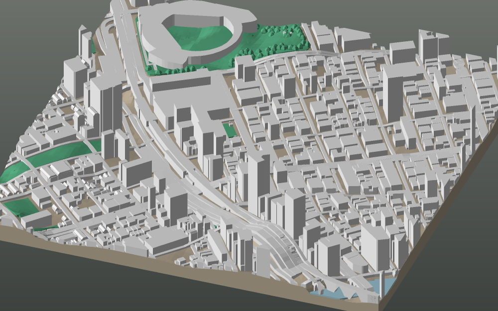 A 3D-printable model plate of Yokohama — Kannai — with its buildings, streets, water and terrain.