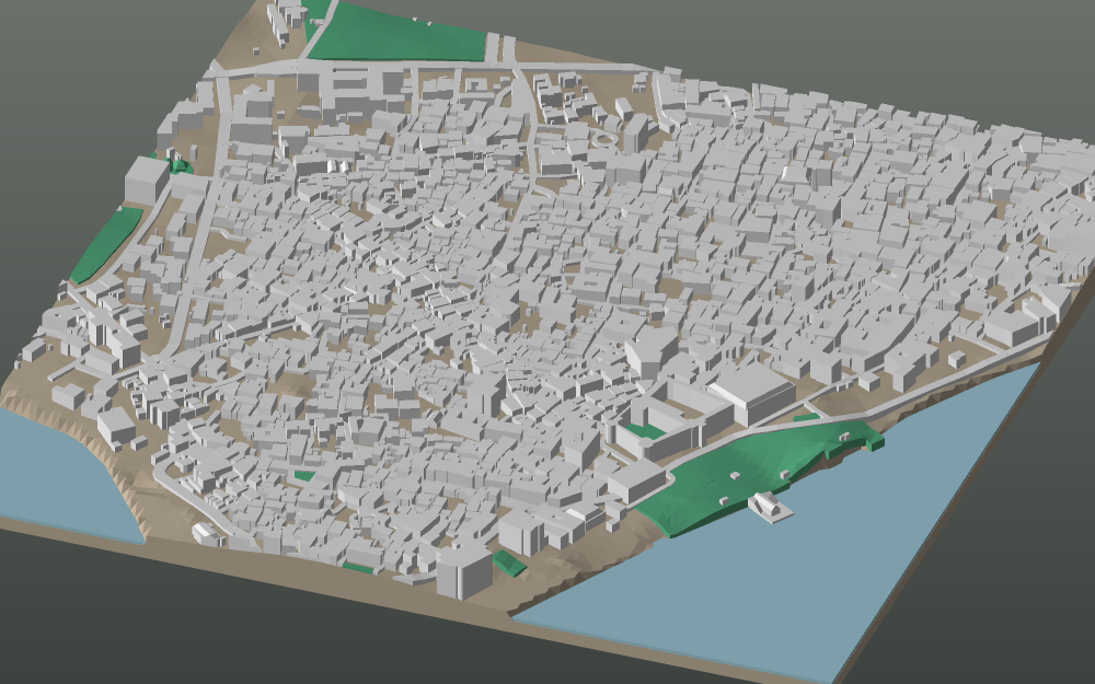 A 3D-printable model plate of Zanzibar — Stone Town — with its buildings, streets, water and terrain.