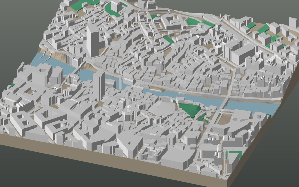 A 3D-printable model plate of Zurich — Altstadt — with its buildings, streets, water and terrain.